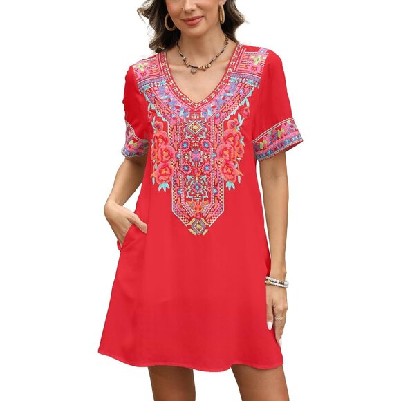 Mexican Embroidered Dress Plus Size Summer Boho Beach Vacation Cotton - Picture 3 of 5